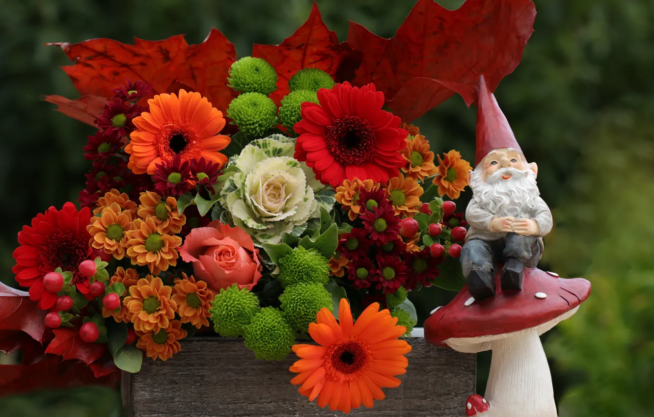 Photo wallpaper flowers, toy, mushroom, bouquet, garden, mushroom, fruit, green