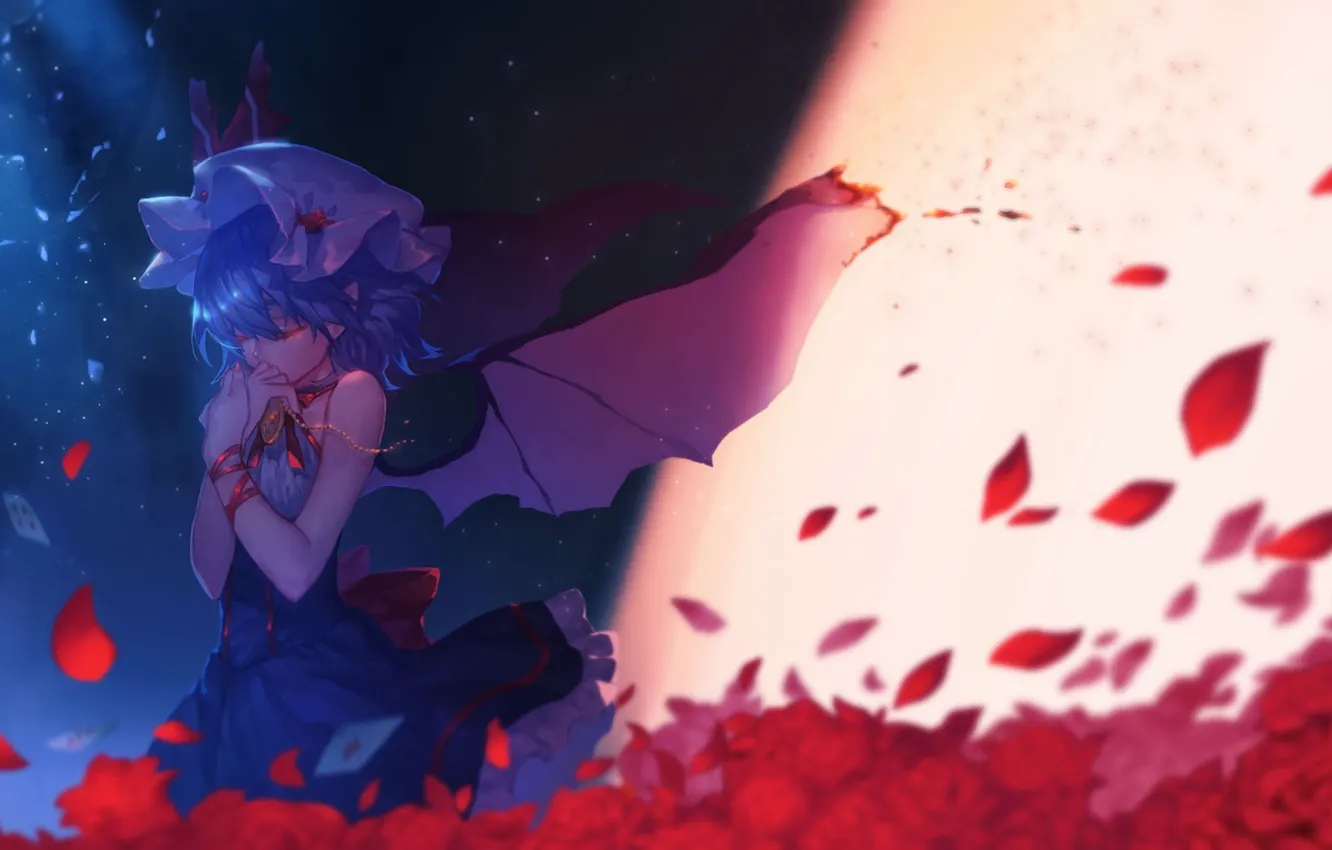 Photo wallpaper fragments, loneliness, tears, pain, vampire, black wings, Touhou Project, Remilia Scarlet