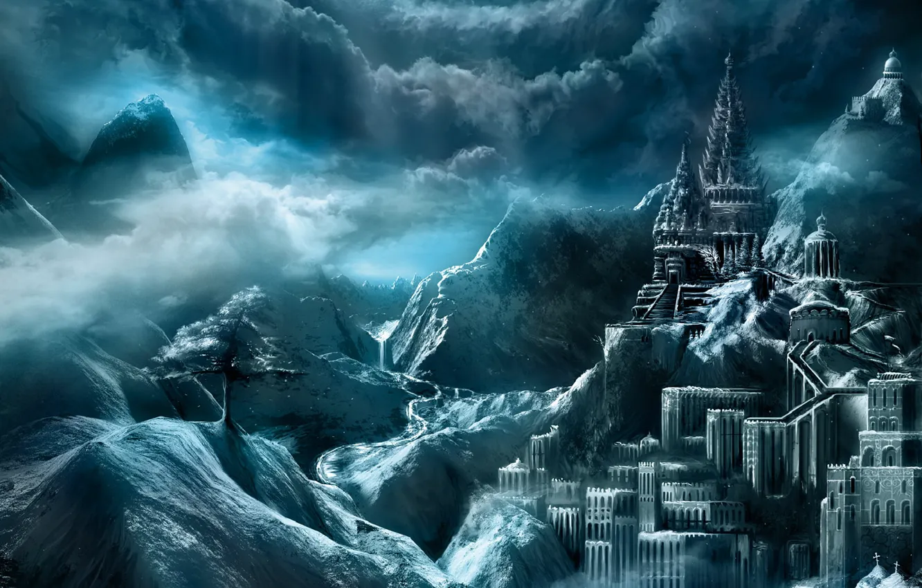 Photo wallpaper the sky, clouds, trees, mountains, the city, castle, fortress, fantasy world