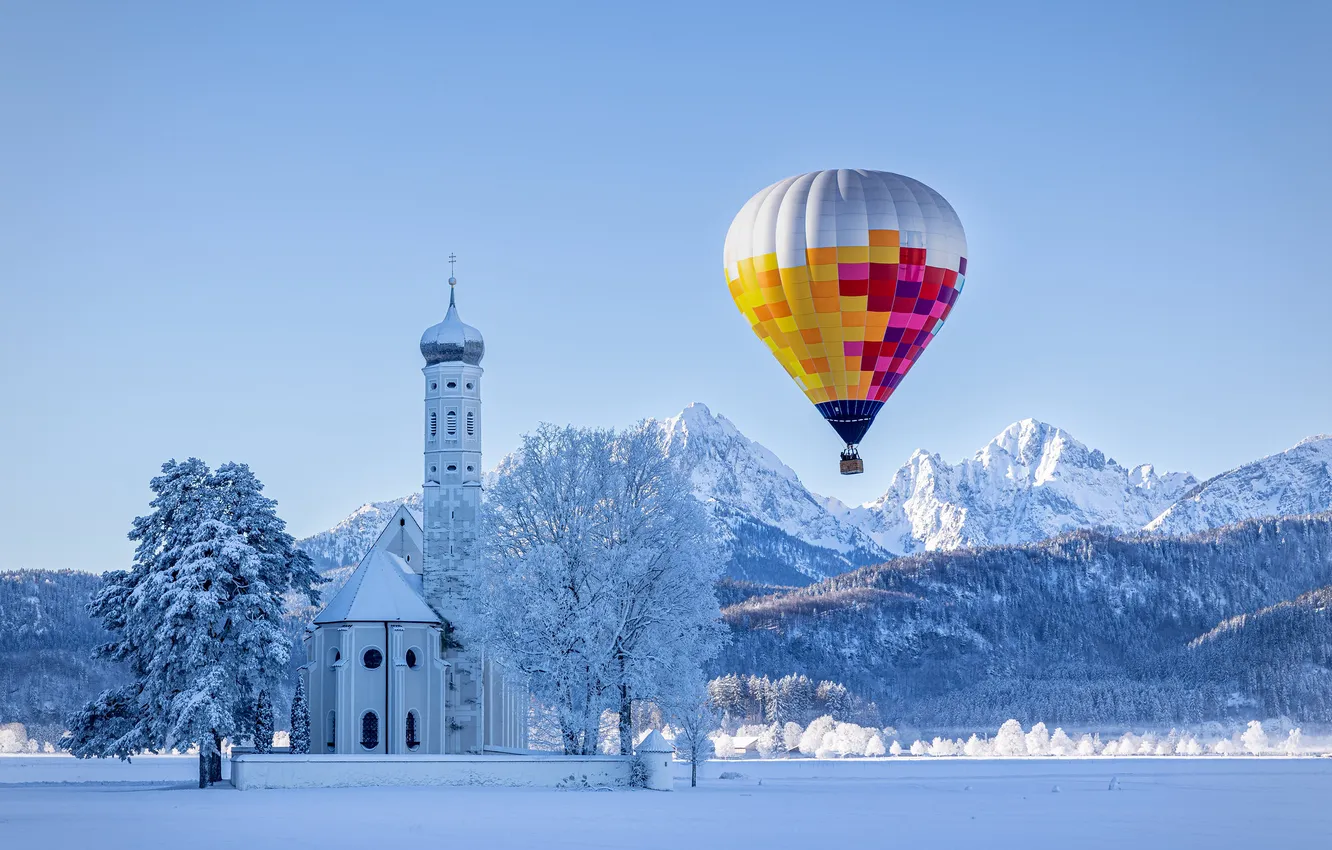 Photo wallpaper winter, frost, field, light, snow, trees, flight, mountains