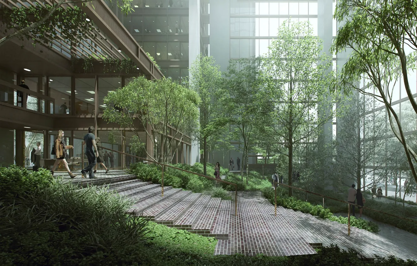 Photo wallpaper vegetation, people, railings, stage, Winter garden in the Atrium