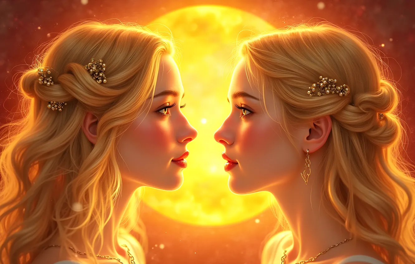 Photo wallpaper girl, the sun, light, lights, sign, blonde, pair, symbol