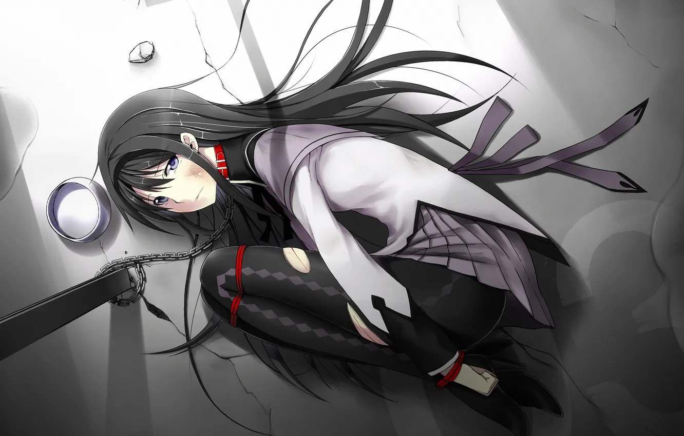 Photo wallpaper girl, anime, rope, art, chain, scratches, collar, mahou shoujo madoka magica