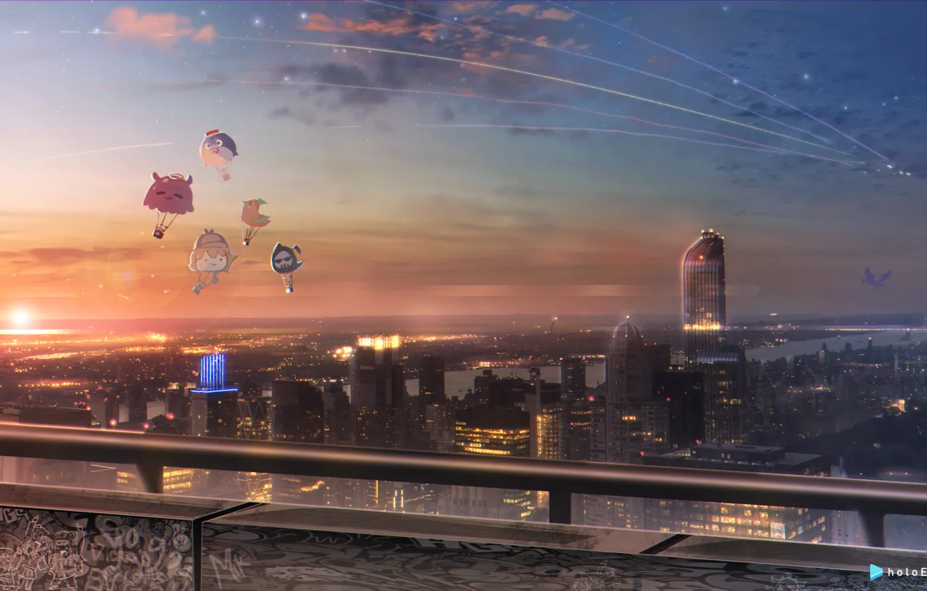 Photo wallpaper the sky, the sun, sunset, the city, balloons, Kotori, Hololive, Bloop