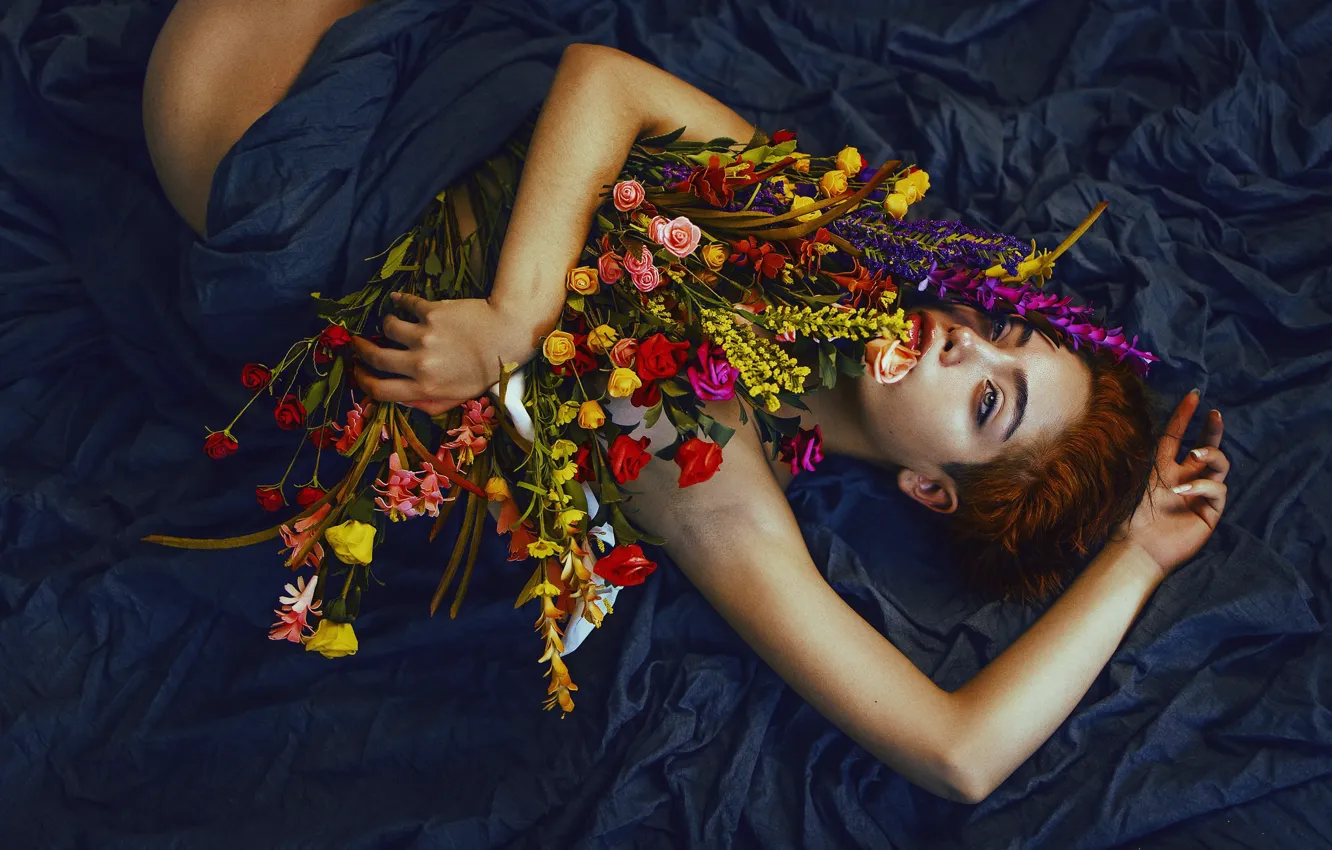 Photo wallpaper girl, flowers, pose