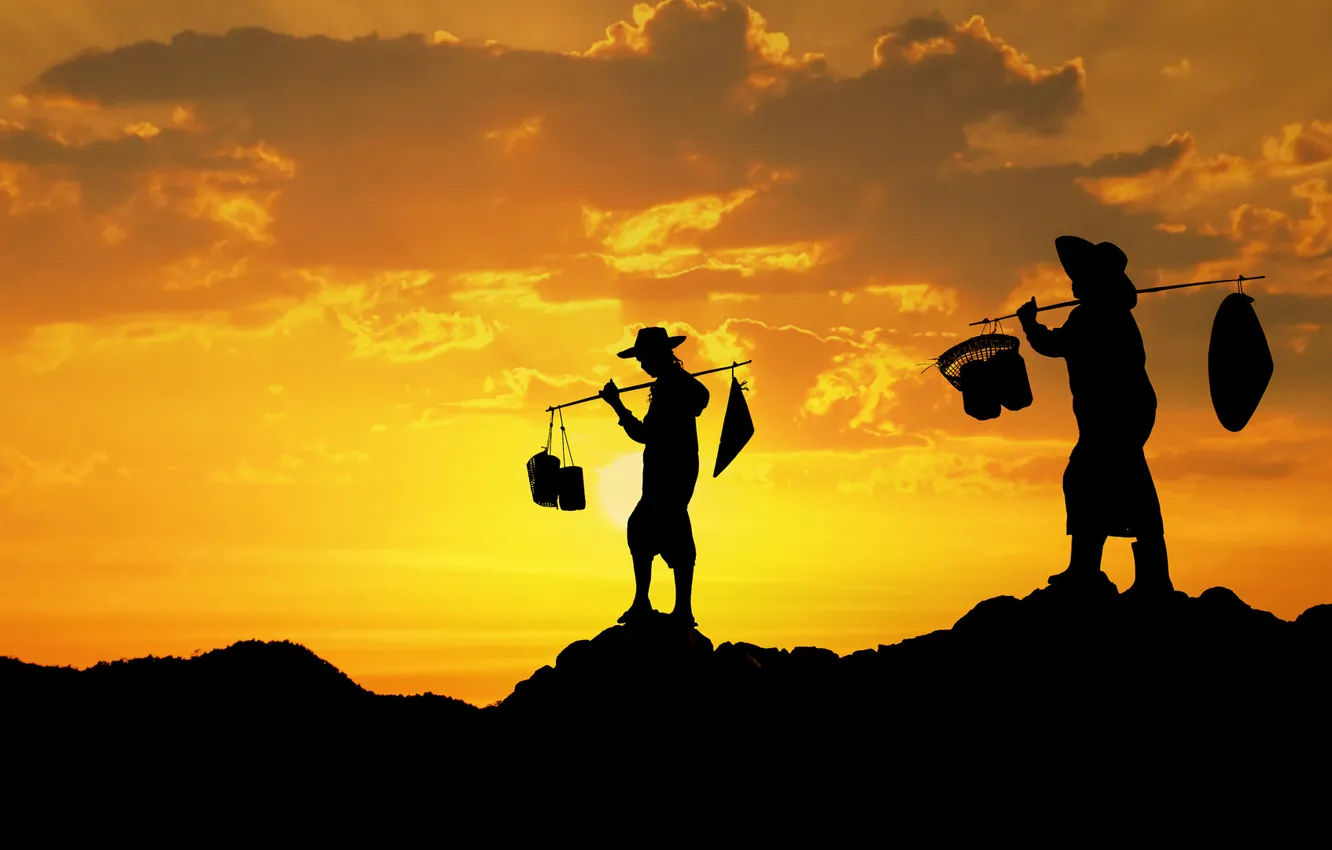 Photo wallpaper summer, clouds, sunset, silhouette, farmer, yellow sky, Butt