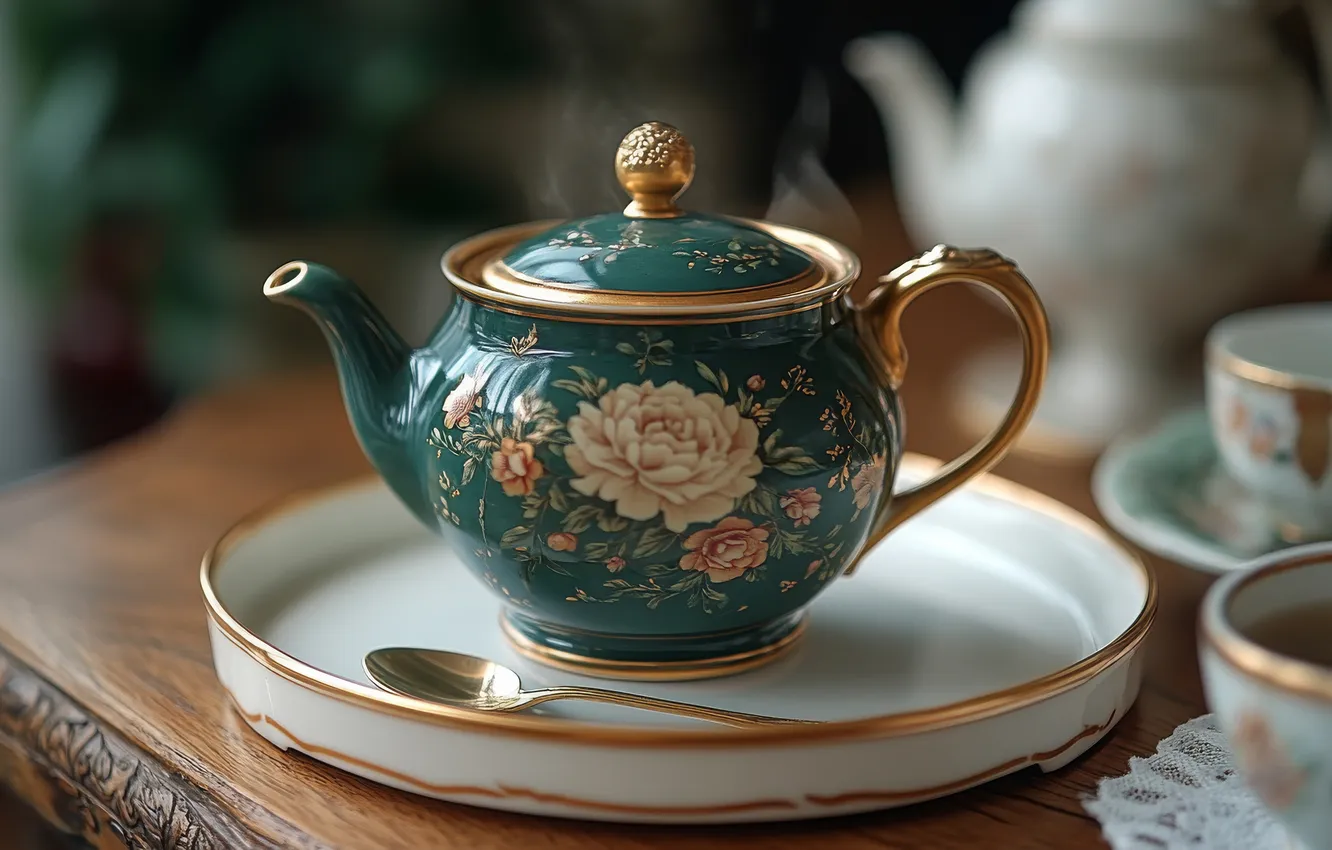 Photo wallpaper flowers, green, table, tea, kettle, plate, spoon, the tea party