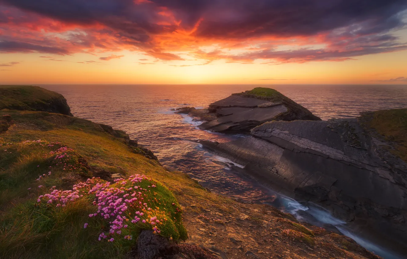 Photo wallpaper sea, landscape, sunset, nature, stones, rocks, shore, vegetation
