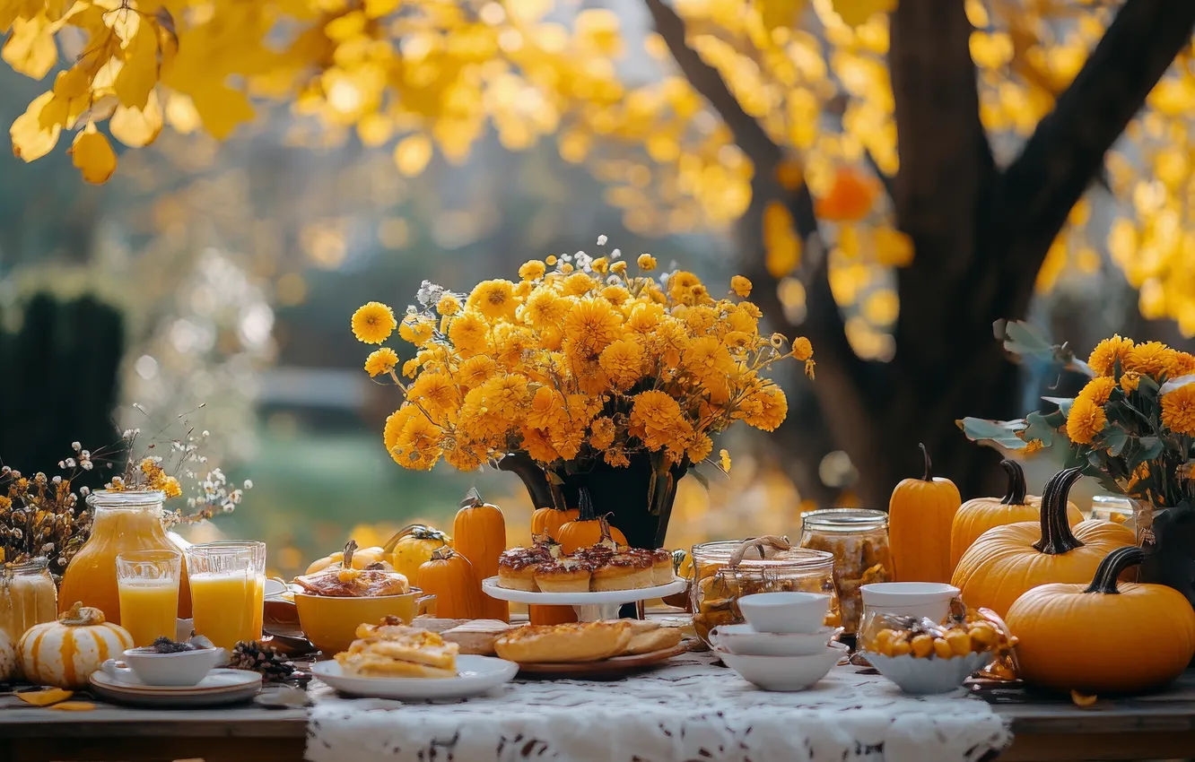 Photo wallpaper autumn, light, trees, table, holiday, foliage, food, bouquet