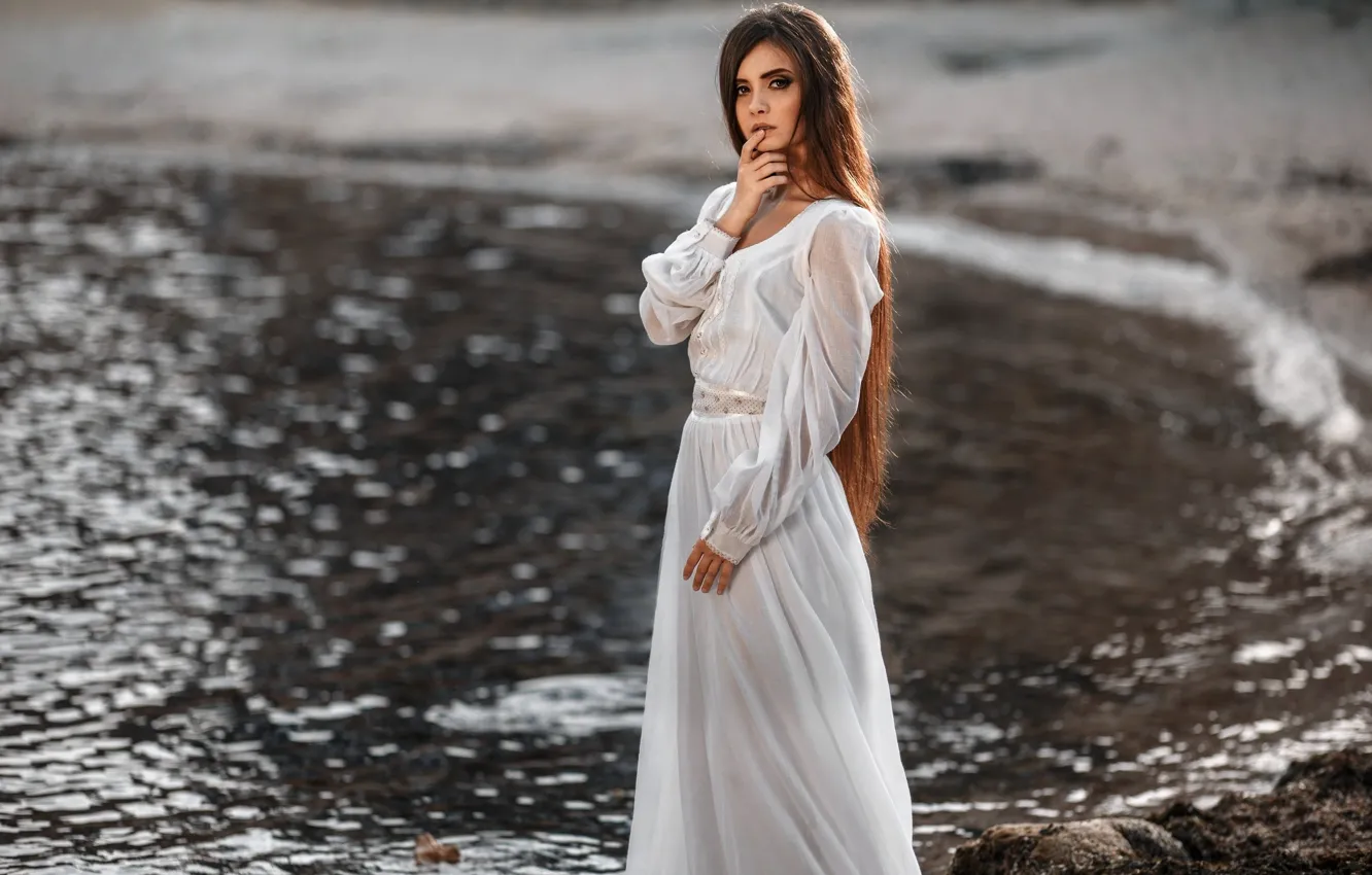 Photo wallpaper girl, makeup, dress, hairstyle, beautiful, in white, bokeh, Jeanne