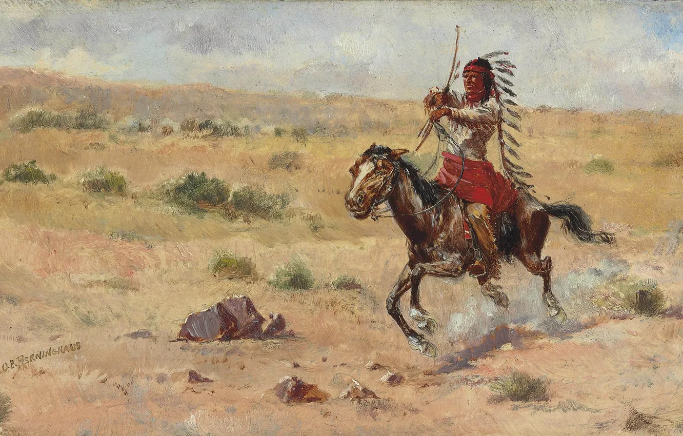 Photo wallpaper Horse, Running, Picture, Indian, Oscar Edmund Berninghaus, American artist, Oscar Edmund Berninghaus, The Indian is …