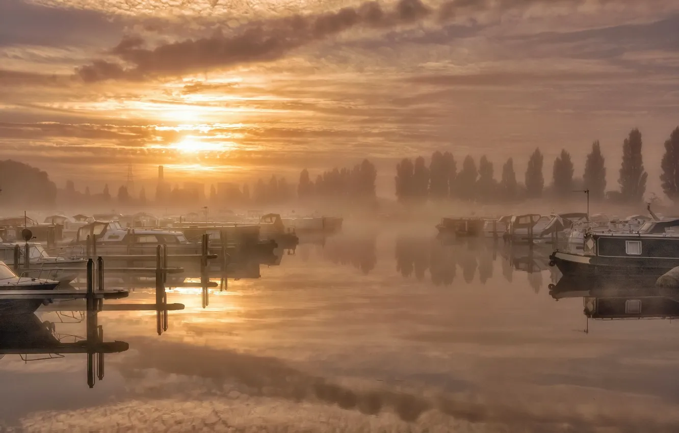 Photo wallpaper fog, lake, boat, morning