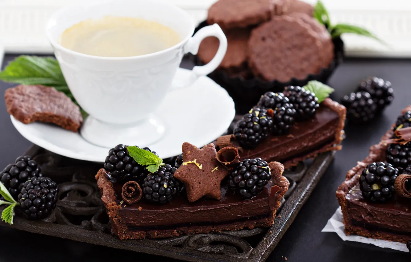 Photo wallpaper berries, cookies, Cup, cake, saucer, BlackBerry