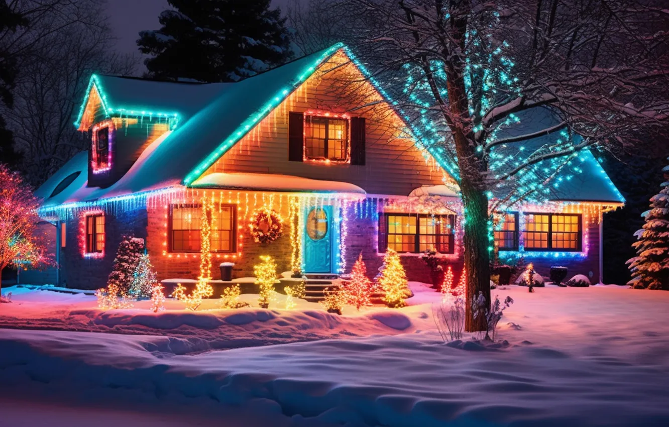 Photo wallpaper snow, decoration, night, lights, tree, new year, home, colorful