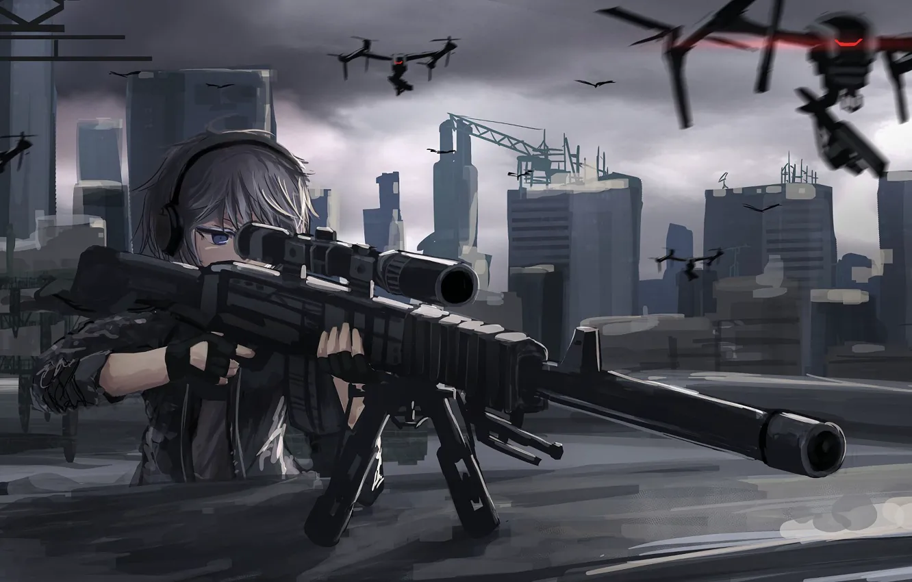 Photo wallpaper girl, gun, weapon, anime, sniper, asian, japanese, drone