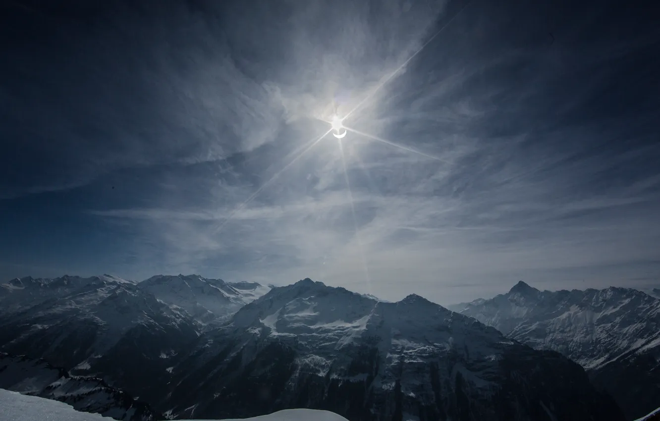 Photo wallpaper the sky, clouds, mountains, solar Eclipse, 2015