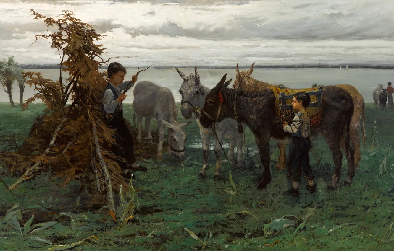 Photo wallpaper 1865, Willem Maris, Dutch painter, Dutch artist, oil on canvas, Boys herding donkeys, Boys herding …