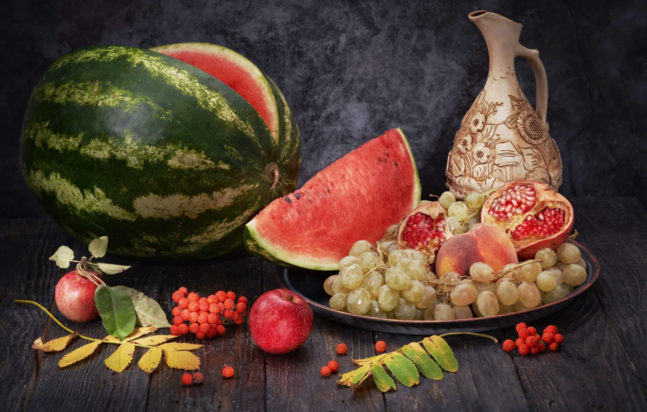 Photo wallpaper apples, watermelon, grapes, pitcher, peaches, Rowan, garnet