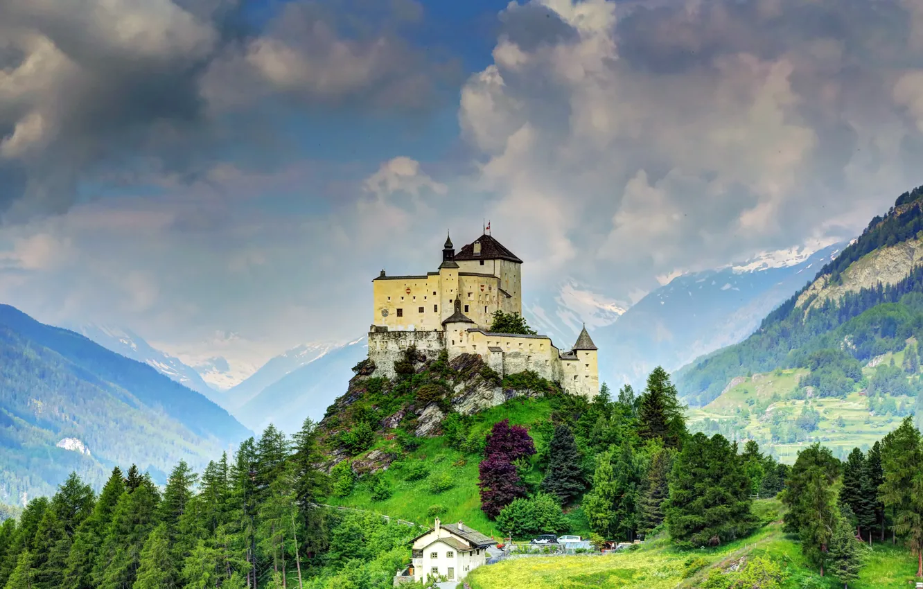 Photo wallpaper clouds, nature, mountains, forest, landscape, castle, rocks