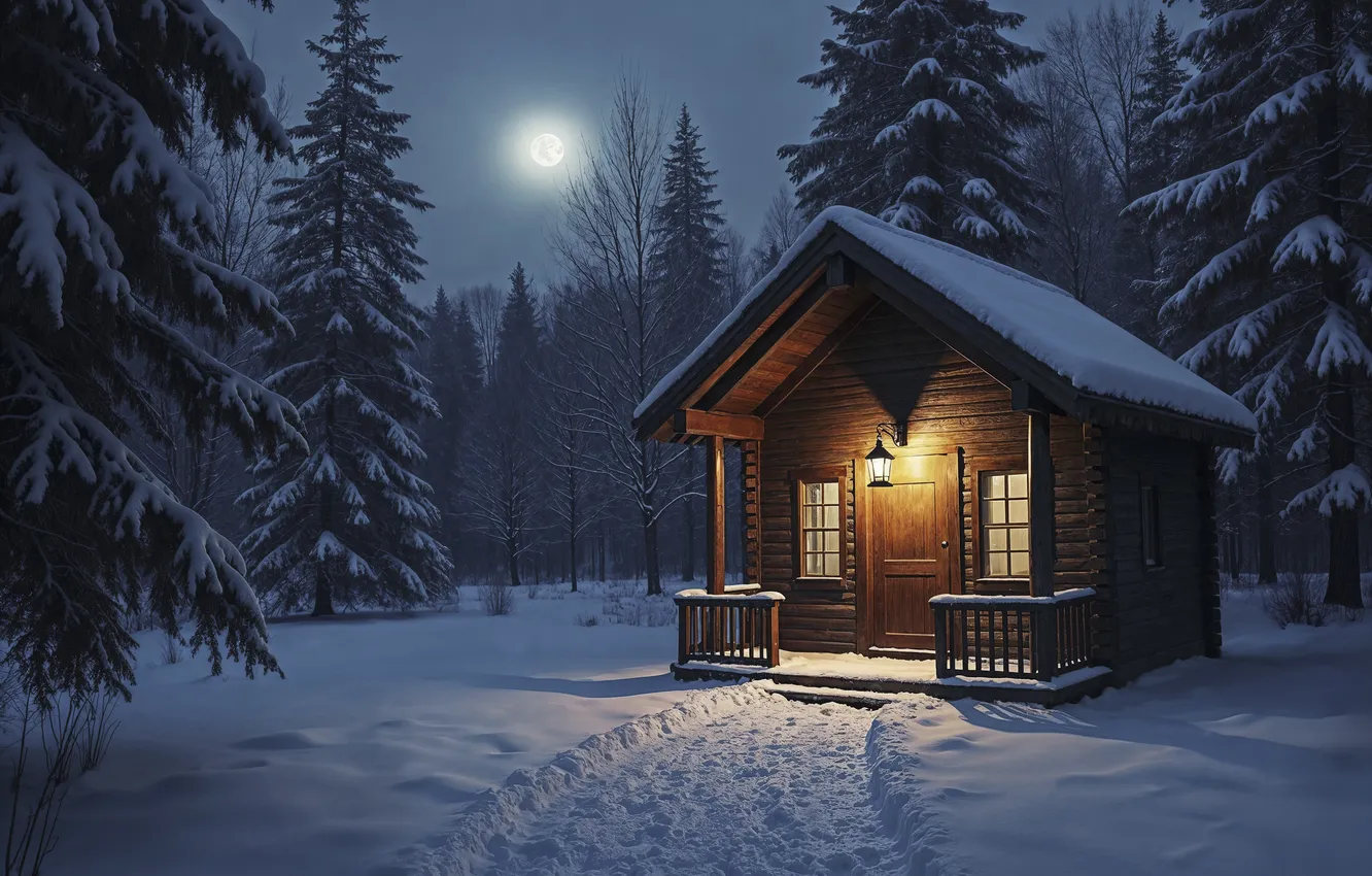Photo wallpaper winter, forest, snow, mountains, tree, house, house, hut