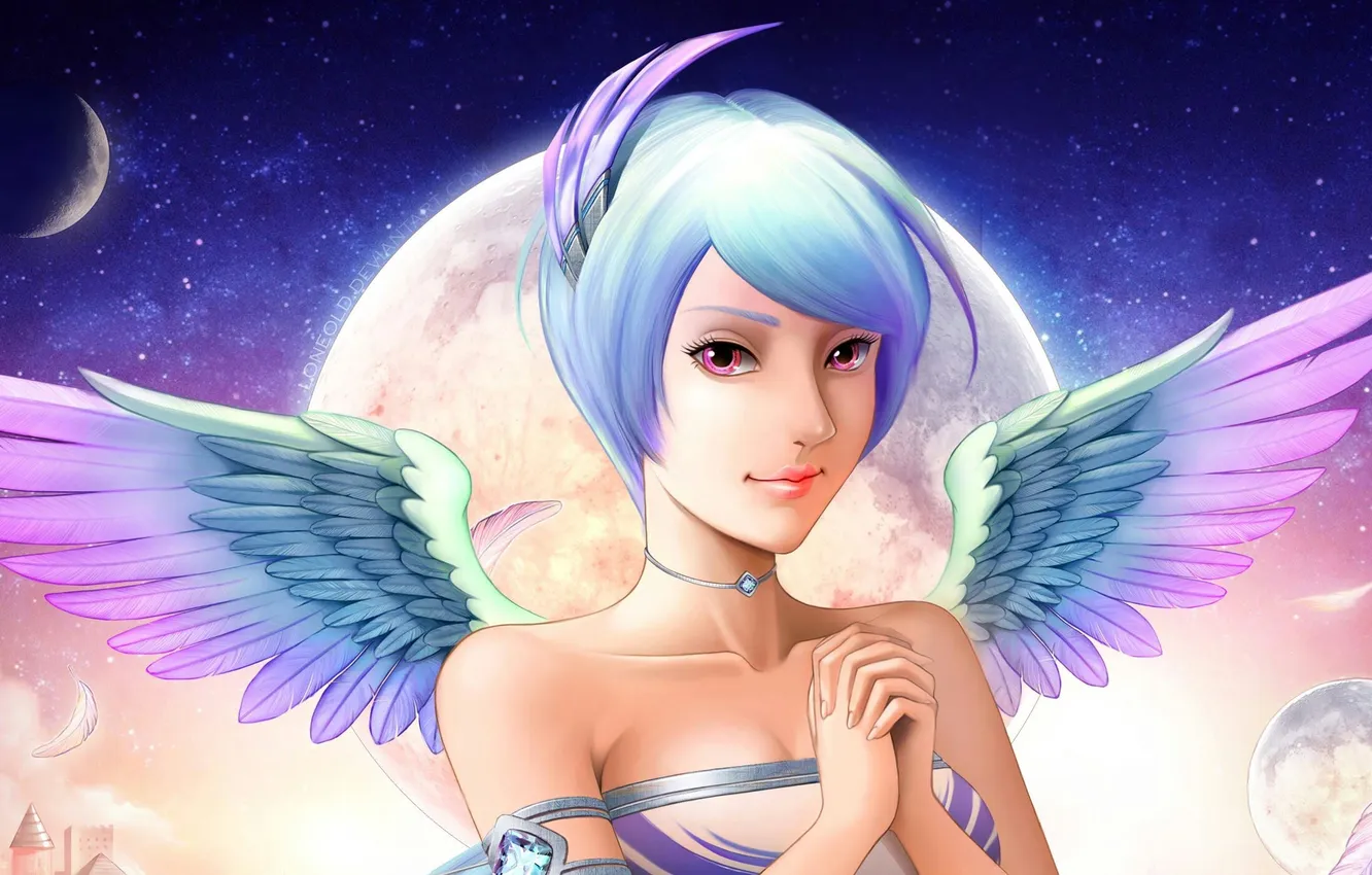 Photo wallpaper girl, bird, the moon, wings, the evening