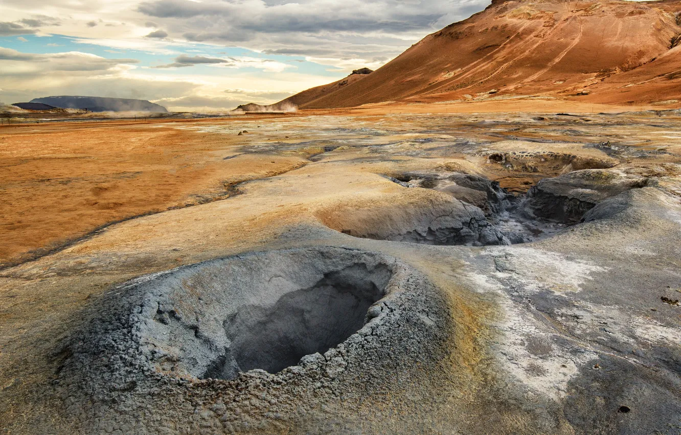 Photo wallpaper the sky, clouds, mountains, crater, geyser