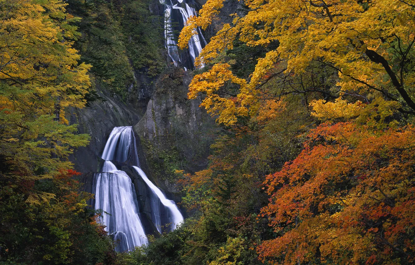 Photo wallpaper autumn, rocks, waterfall