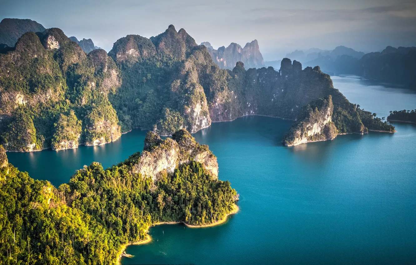 Photo wallpaper green, Thailand, sky, trees, water, lake, hills, Cheow Larn Lake