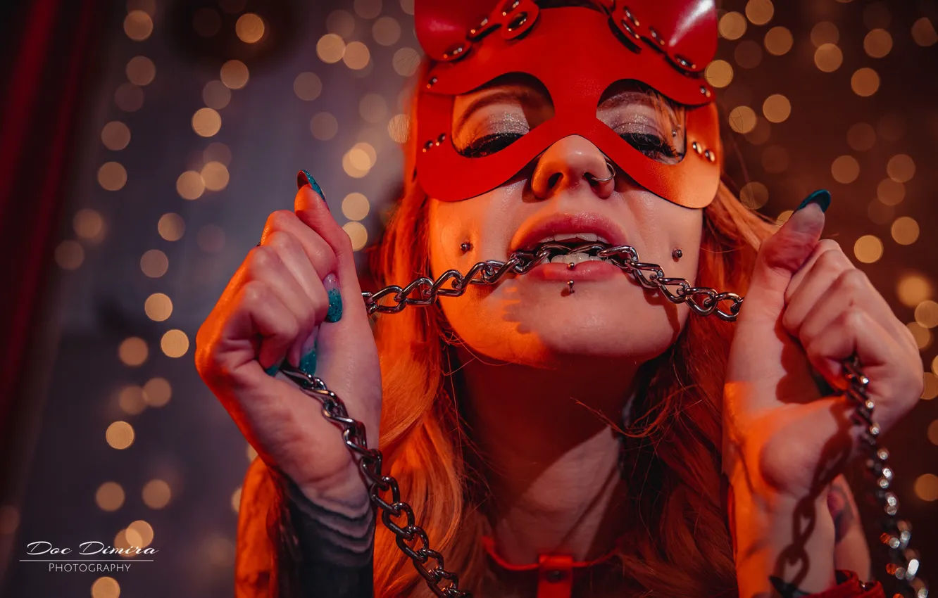 Photo wallpaper girl, face, hands, mask, chain, red, redhead, Vera Faith