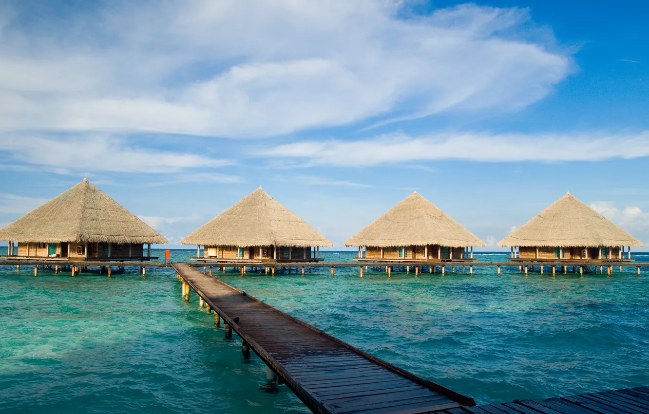 Photo wallpaper sea, beach, summer, the sky, palm trees, vacation, summer, hut