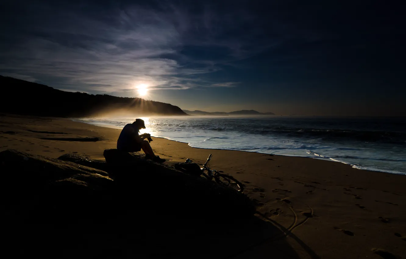 Photo wallpaper sand, sea, wave, beach, water, the sun, landscape, mountains