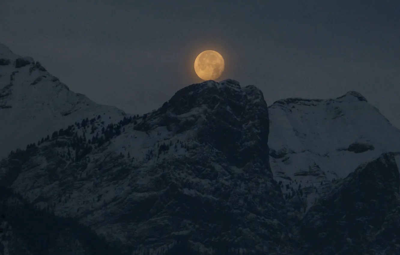 Photo wallpaper winter, the sky, snow, mountains, night, nature, rocks, the moon