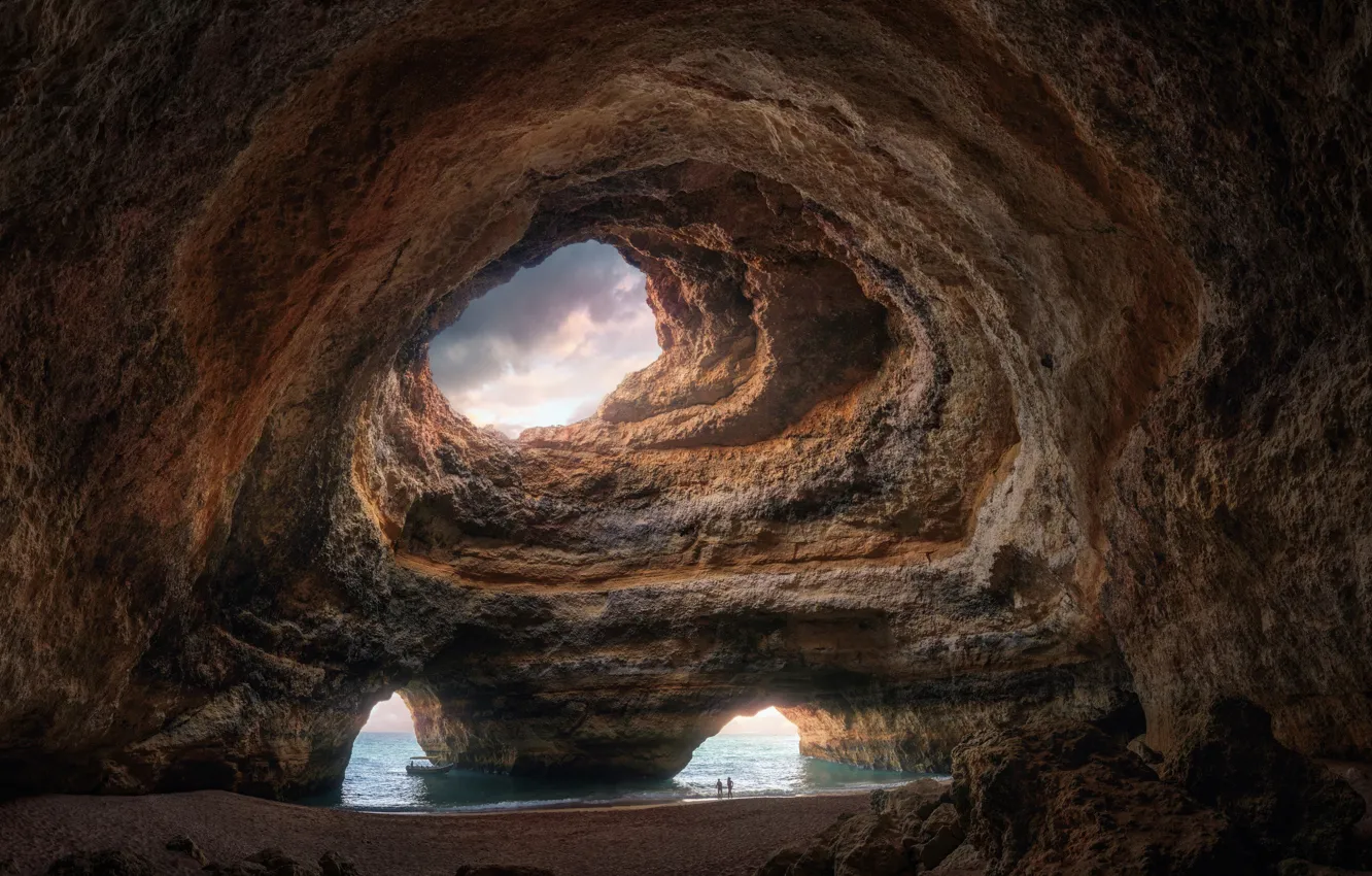 Photo wallpaper sea, nature, people, rocks, boat, the grotto