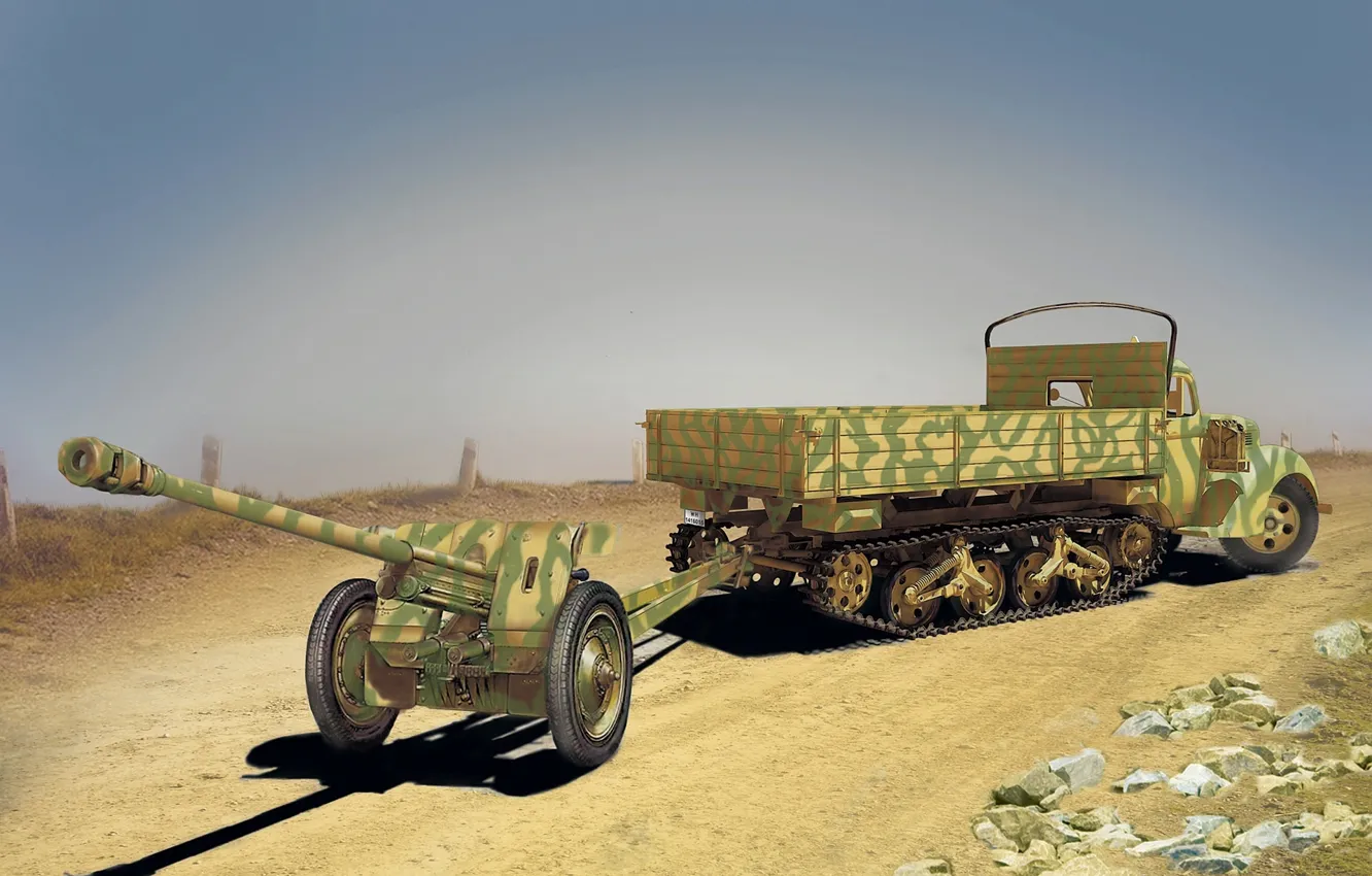 Photo wallpaper war, figure, Ford, truck, gun, WW2, anti-tank, Maultier