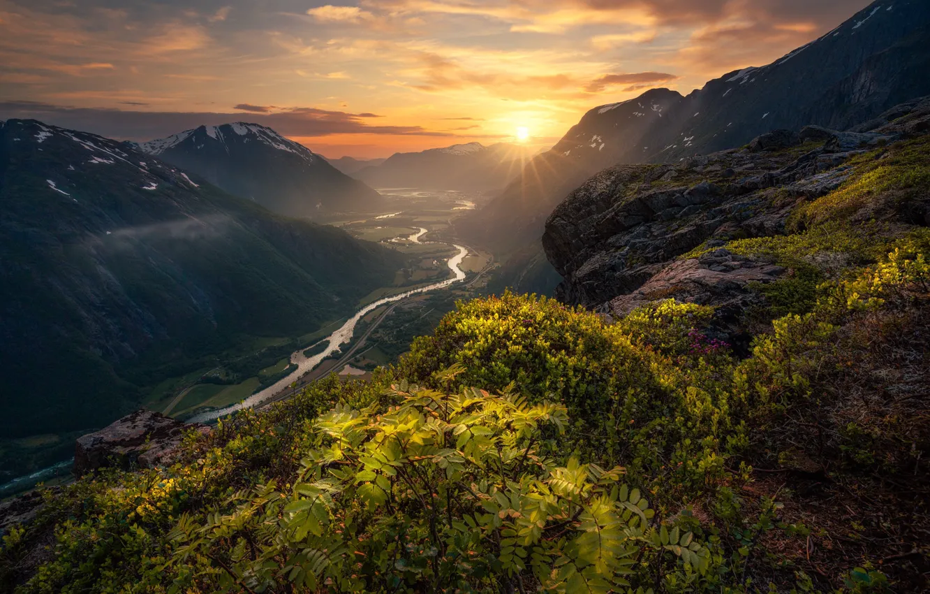 Photo wallpaper sunset, mountains, river, valley, Norway, Norway, Romsdalen Valley, Valley Of Romsdalen