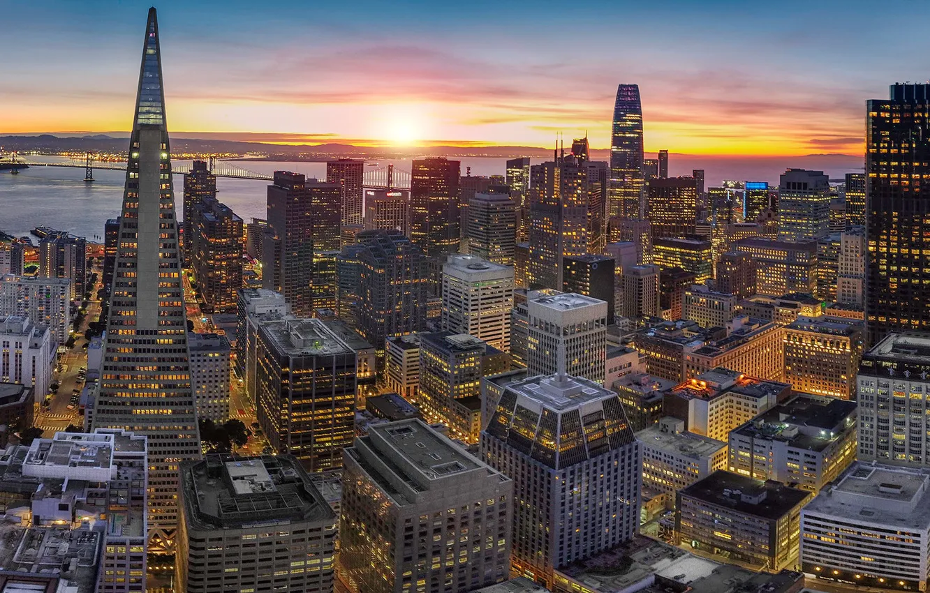 Photo wallpaper sunset, building, home, CA, panorama, Bay, San Francisco, skyscrapers