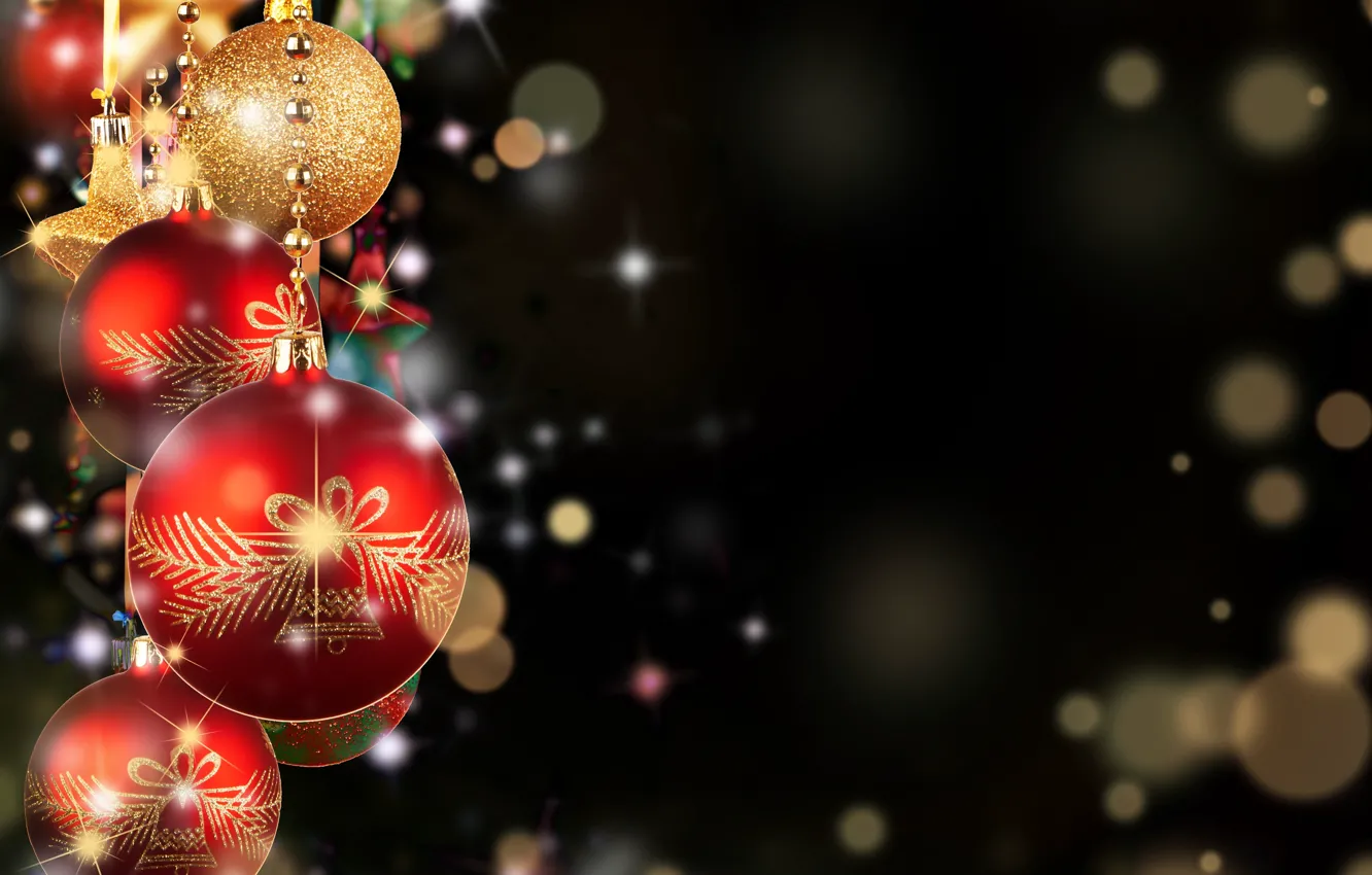 Photo wallpaper red, the dark background, balls, toy, new year, Christmas, gold, Christmas