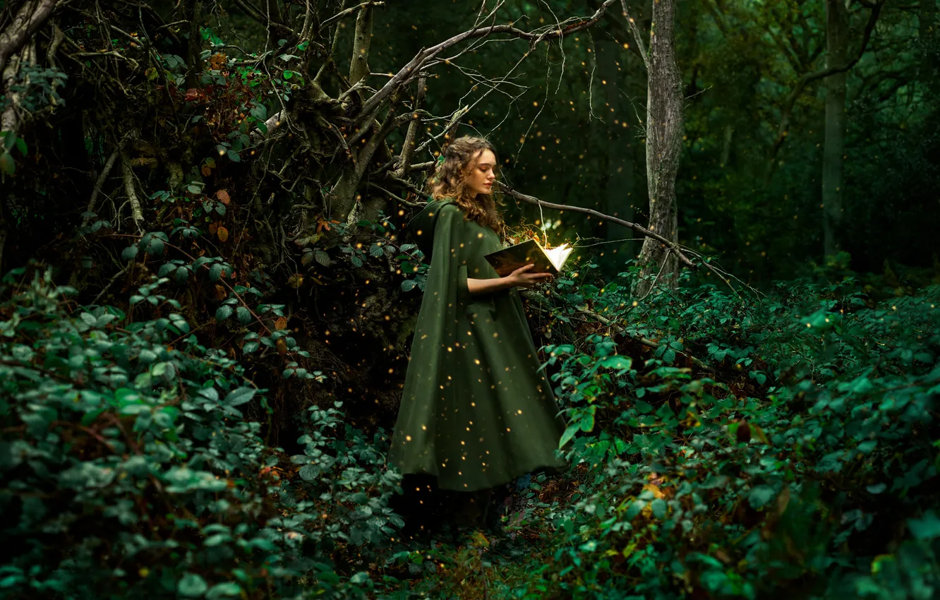 Photo wallpaper greens, forest, girl, light, trees, branches, nature, pose