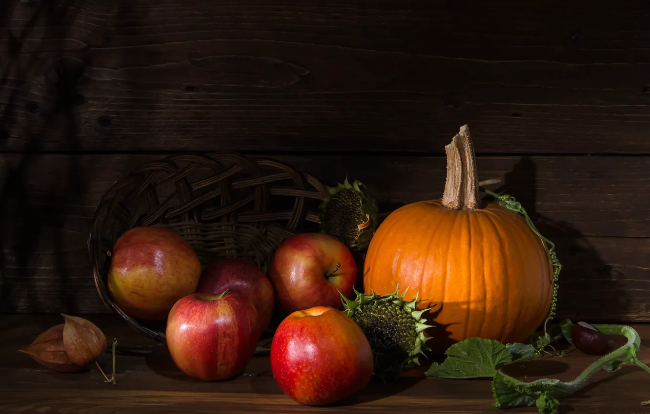 Photo wallpaper sunflowers, the dark background, apples, Board, food, pumpkin, still life