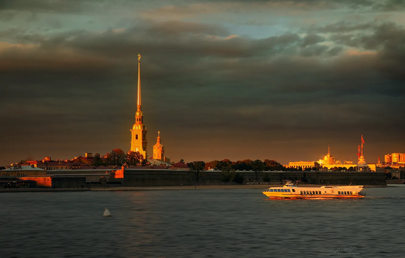 Photo wallpaper landscape, sunset, the city, river, the evening, Peter, boat, Saint Petersburg