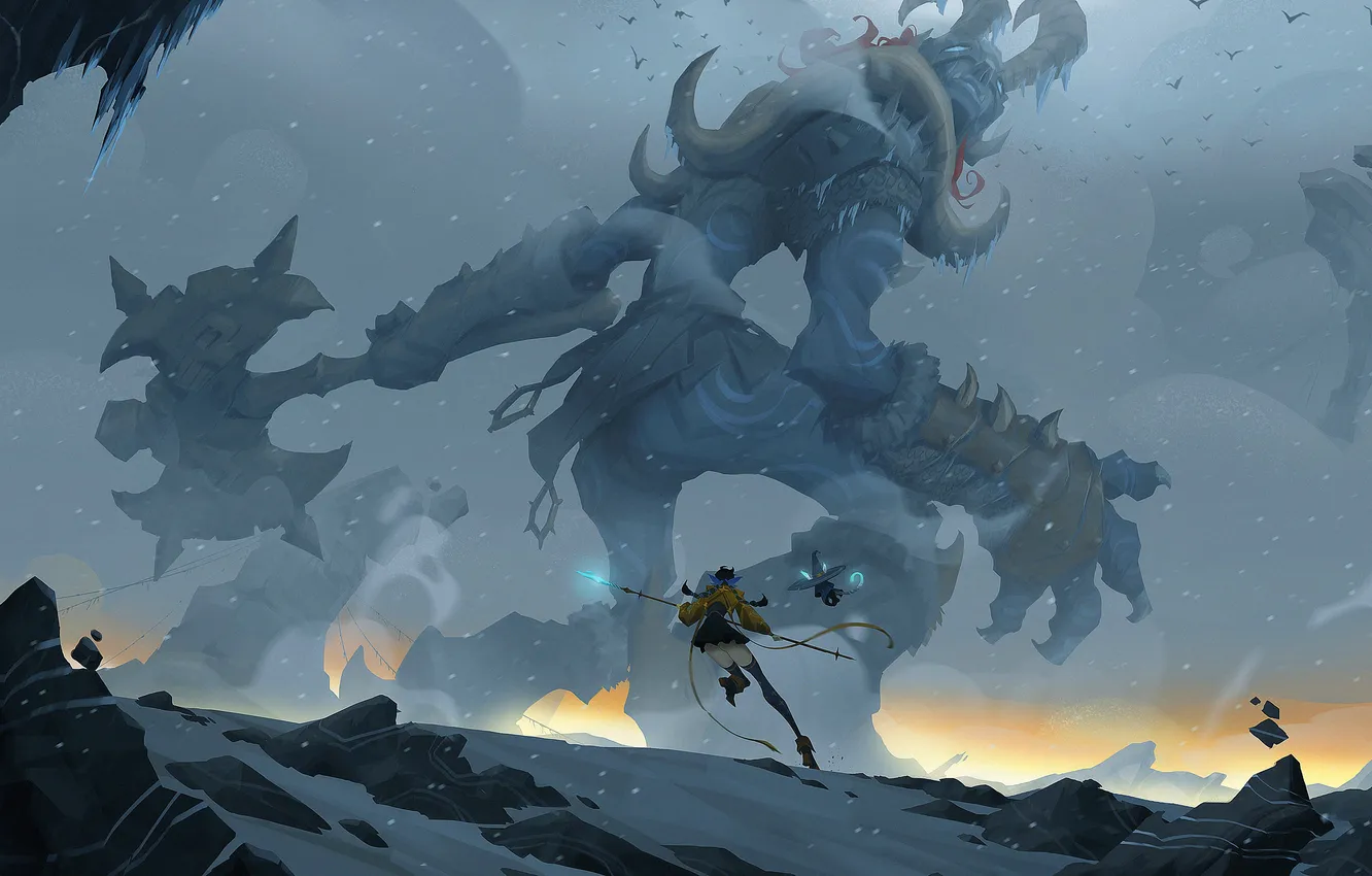 Photo wallpaper fantasy, horns, weapon, snow, birds, digital art, artwork, giant