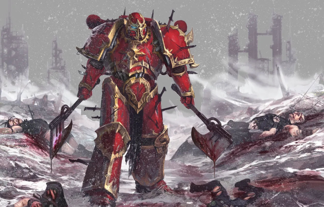 Photo wallpaper snow, weapons, warrior, ruins, Warhammer, corpses, power armor