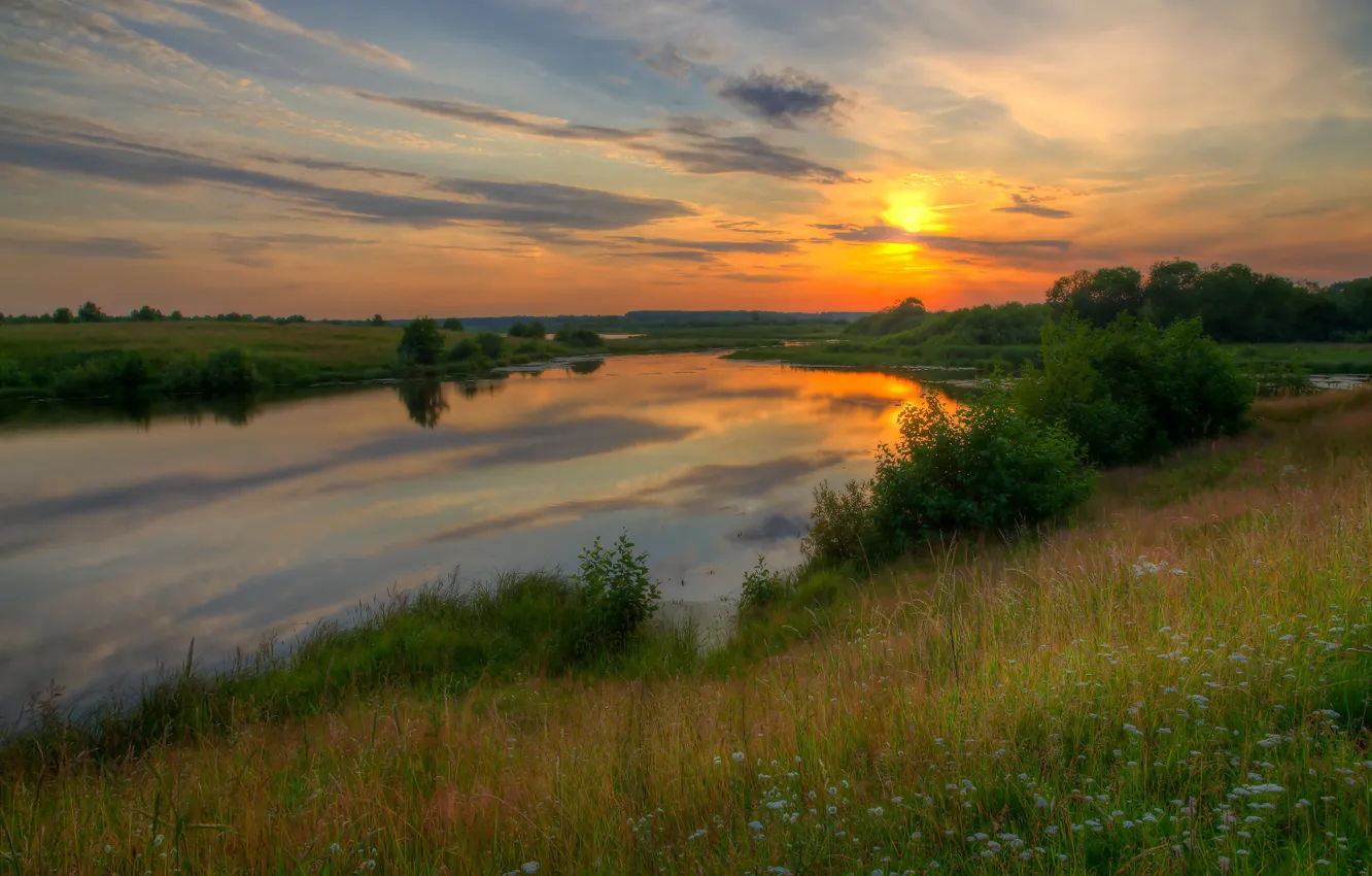 Photo wallpaper summer, sunset, lake, shore, pond