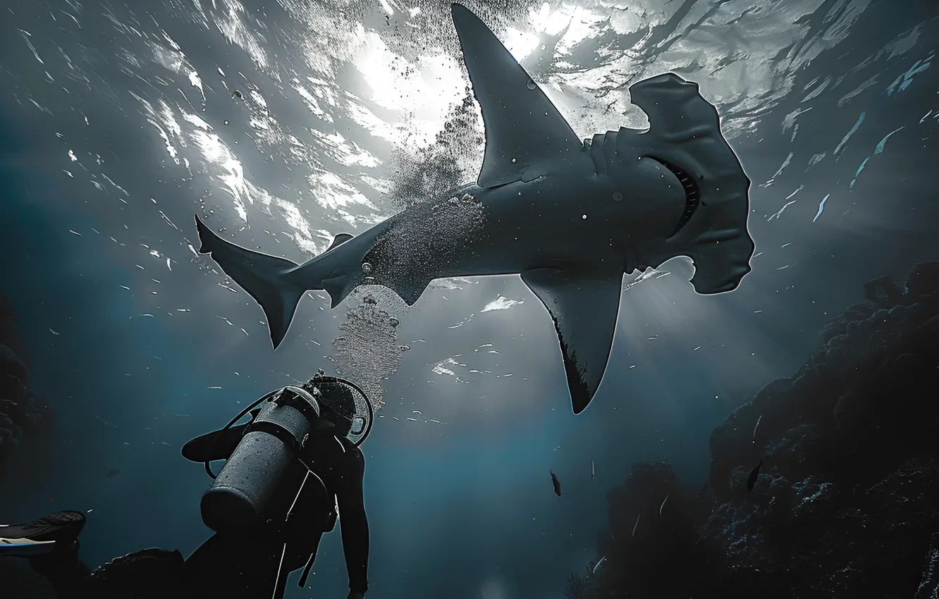 Photo wallpaper predator, shark, the diver, two, underwater world, digital art, AI art, The Art of Artificial …