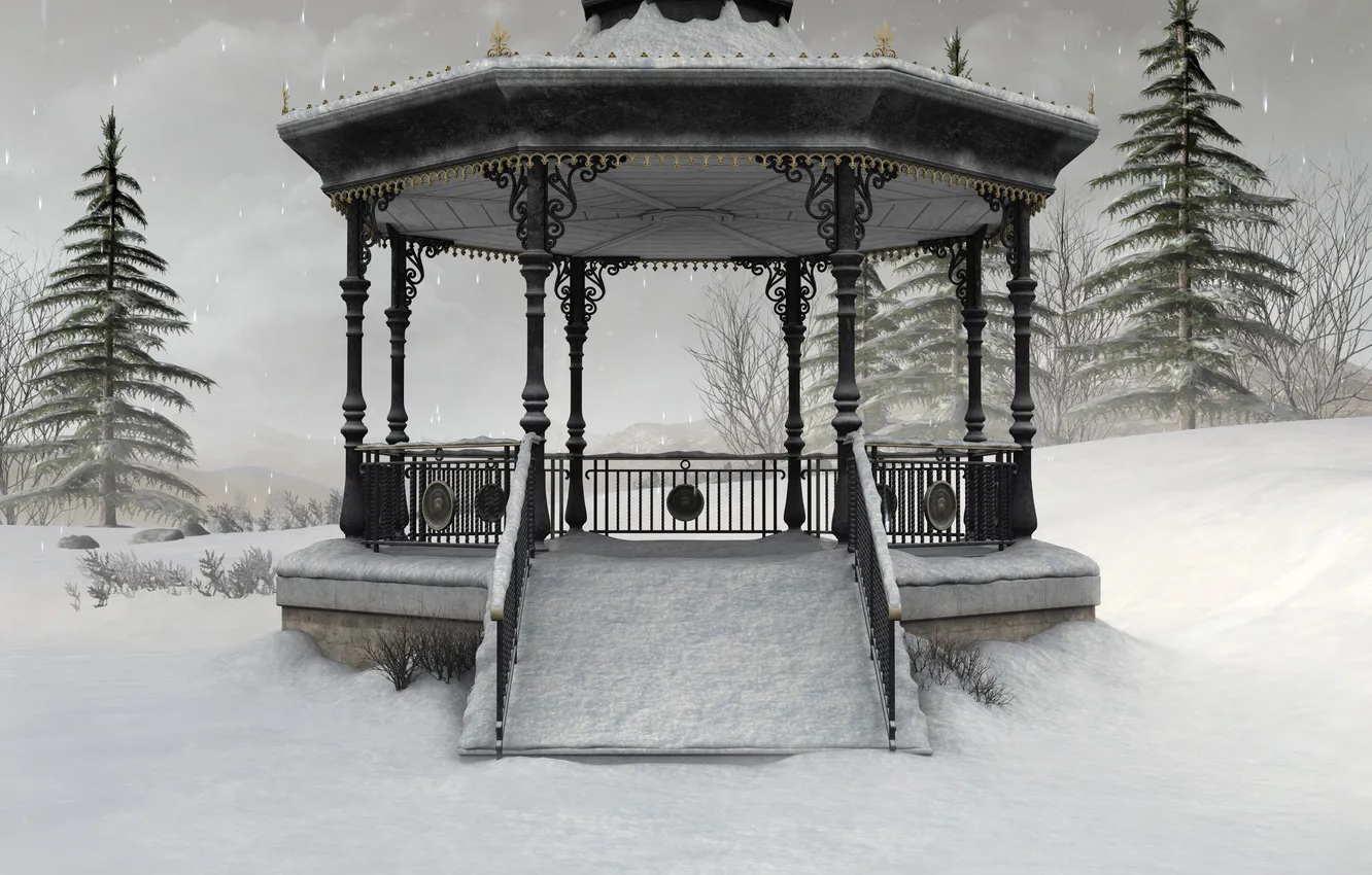 Photo wallpaper winter, snow, nature, ate, gazebo