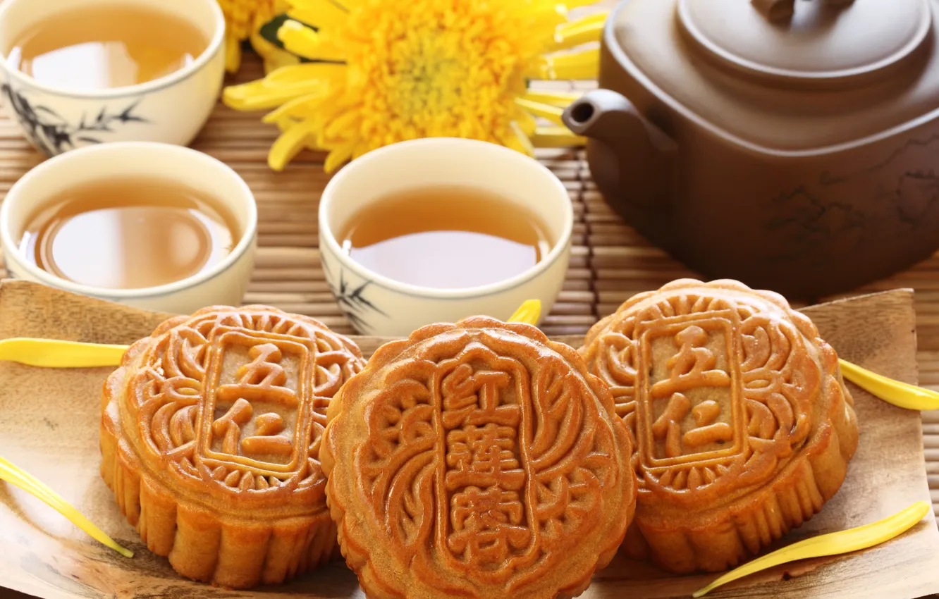Photo wallpaper flowers, petals, cookies, Cup, drink, teapot