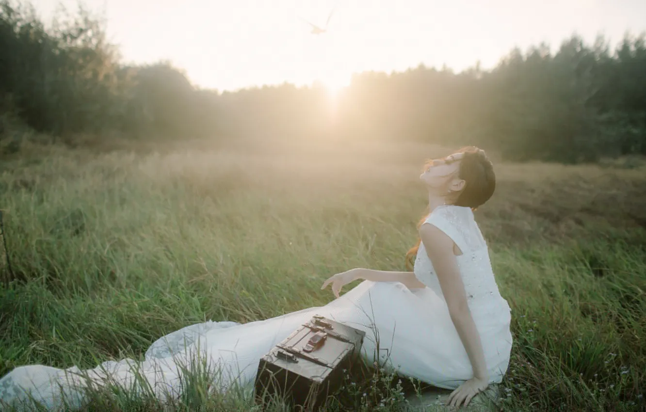 Photo wallpaper girl, light, pose, suitcase, Asian