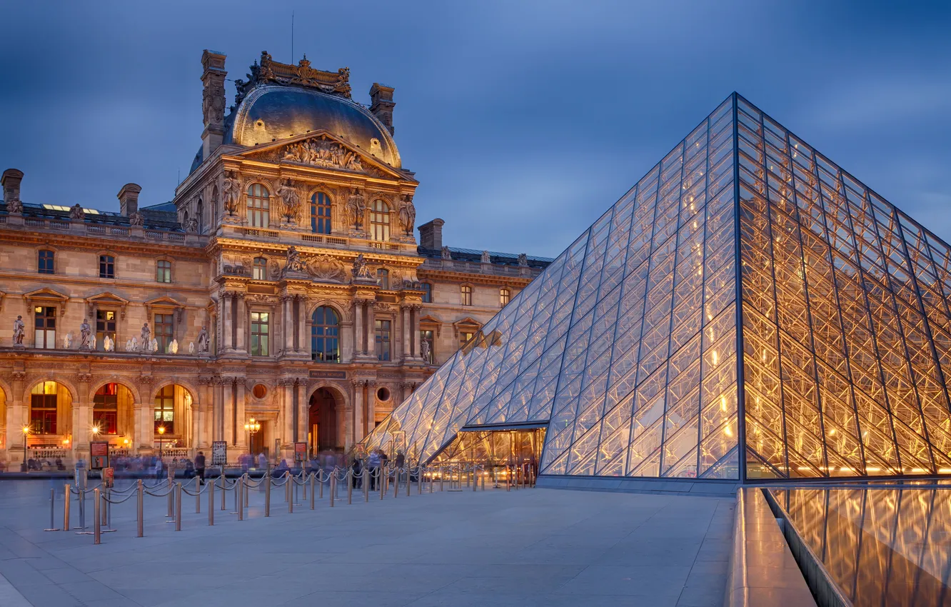 Photo wallpaper the city, France, Paris, the evening, The Louvre, pyramid, Paris, Museum