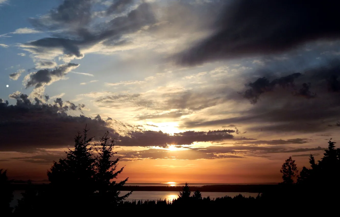 Photo wallpaper the sky, clouds, trees, sunset, river