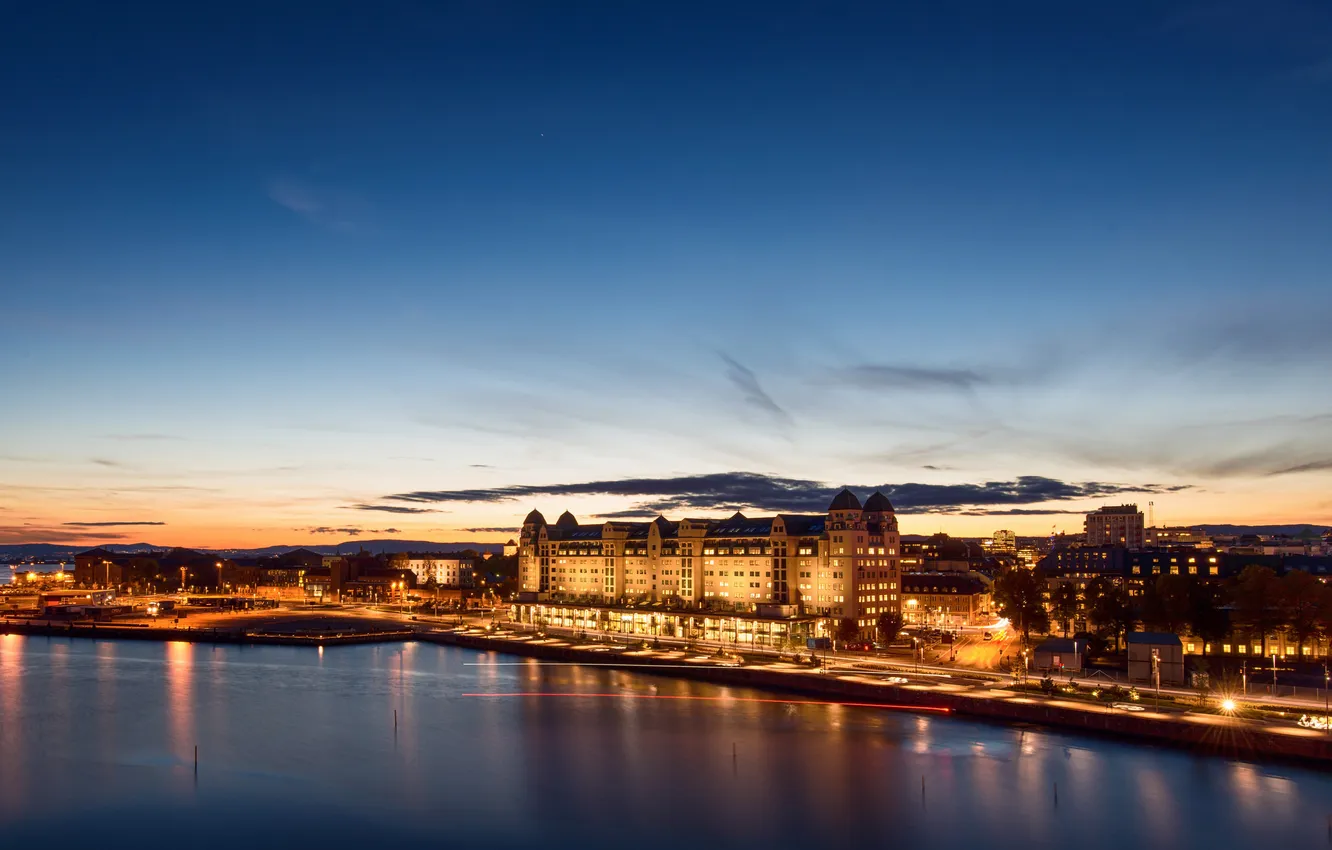 Photo wallpaper the sky, lights, river, Norway, twilight, Oslo